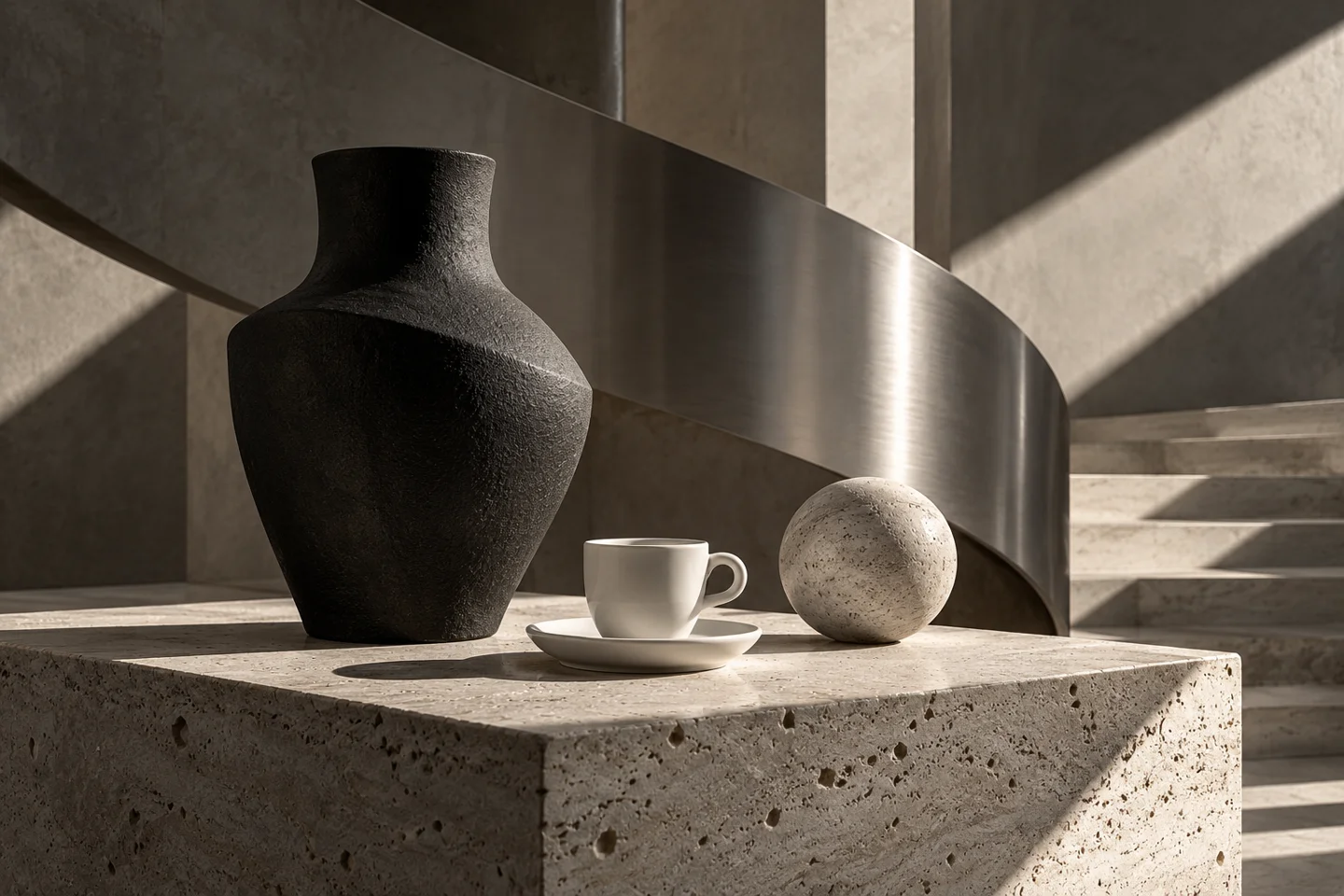 Monochrome hospitality art direction with sculptural ceramics and architectural light