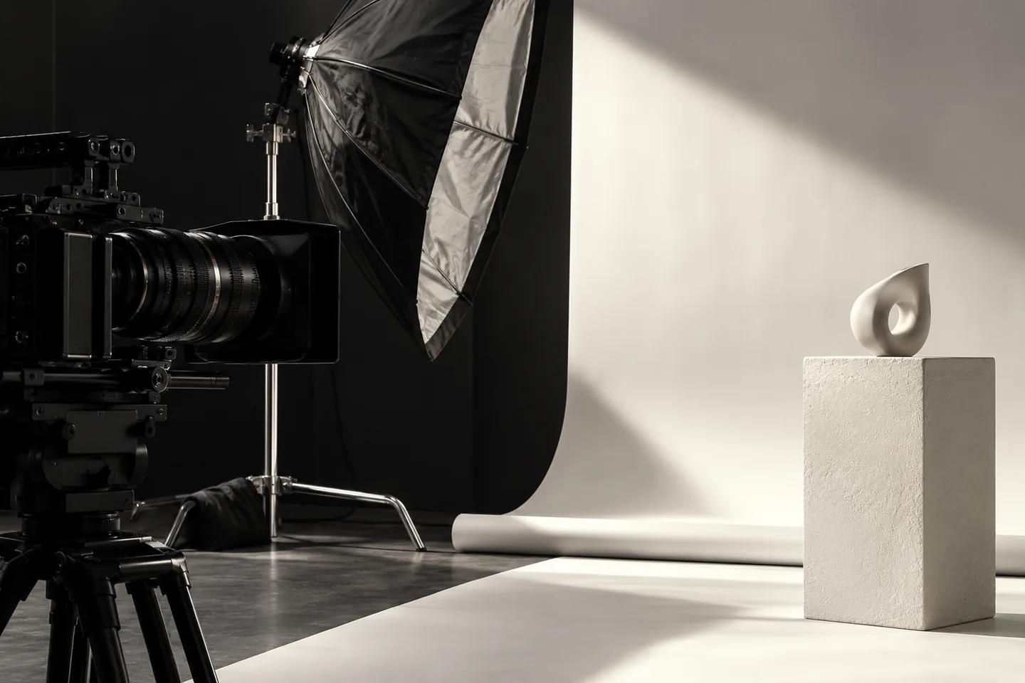 Cinema camera and studio light directed at a sculptural ceramic object