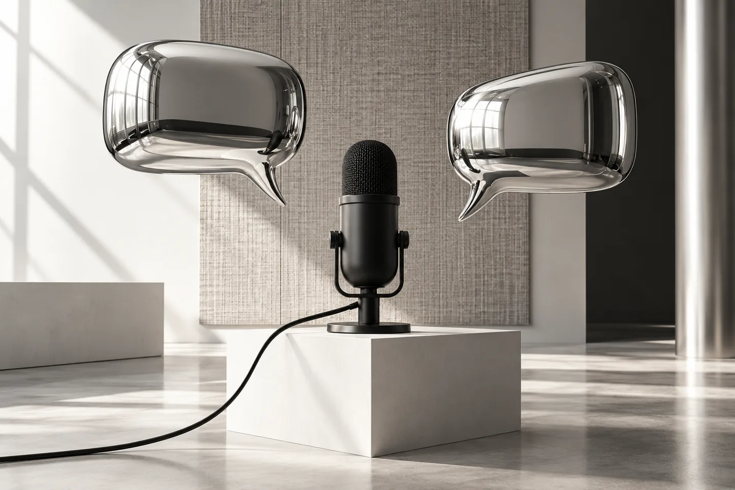 Podcast microphone with two chrome speech bubbles representing creator partnerships