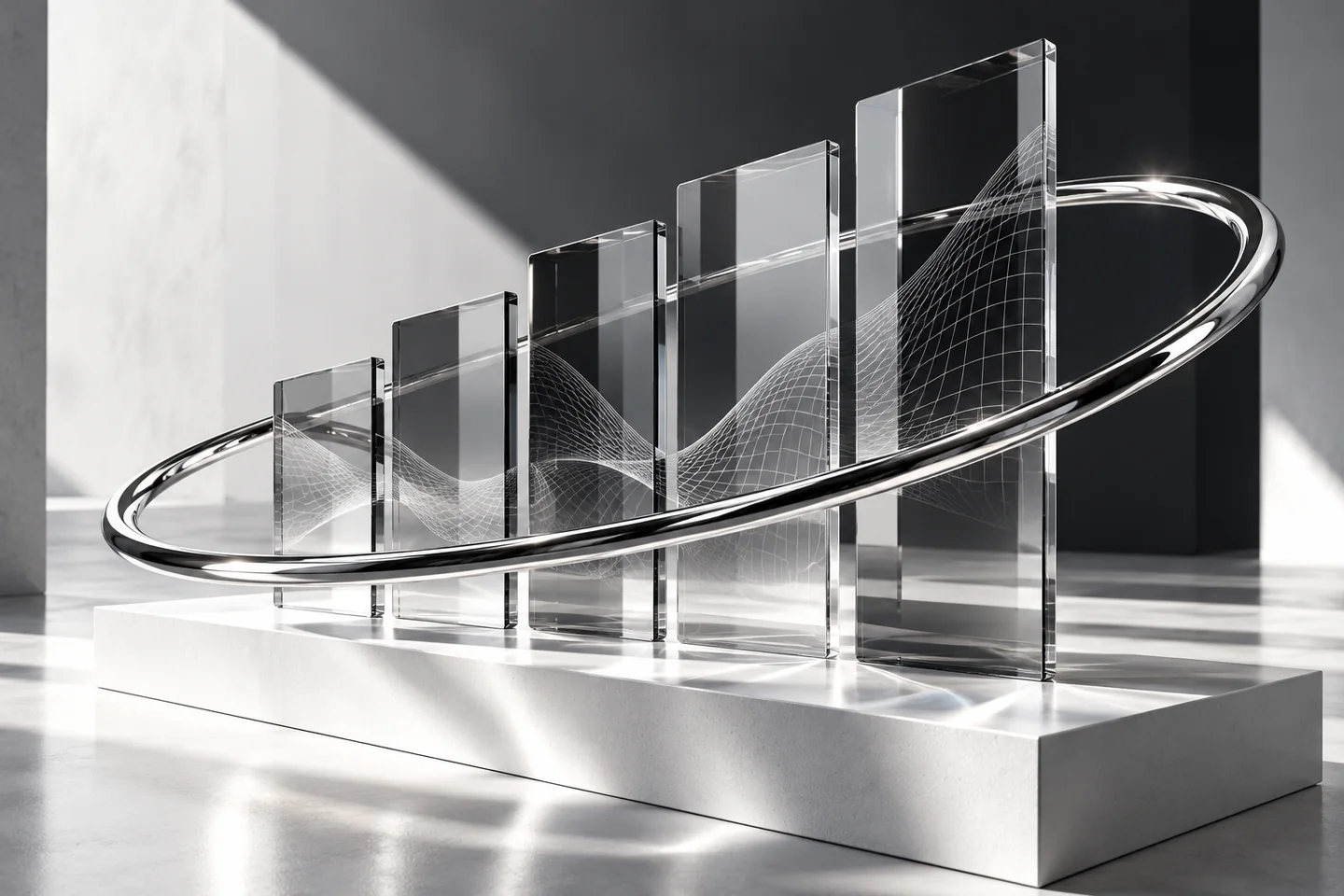 Glass panels and a chrome orbital ring in an abstract digital growth concept