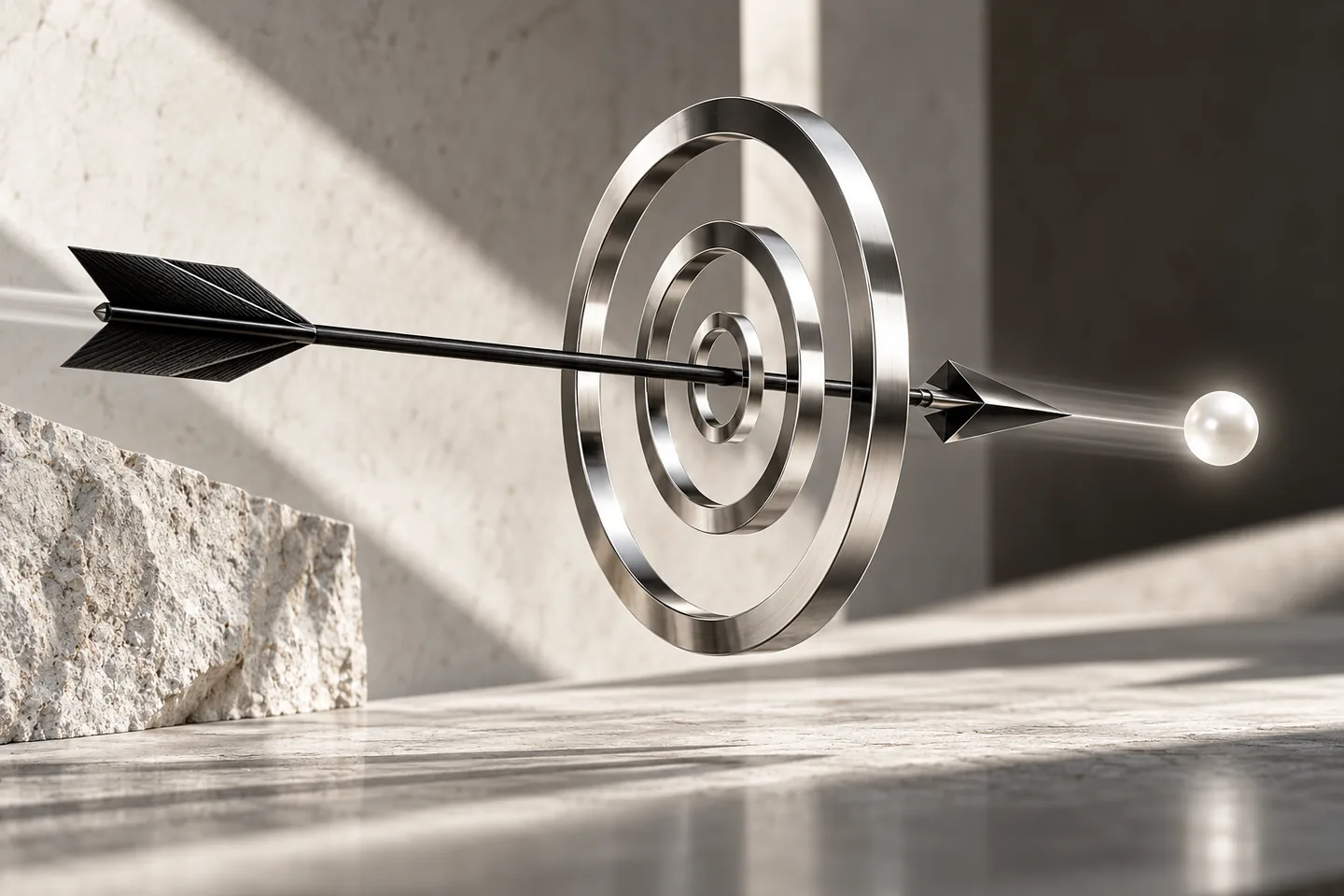 Black arrow passing through silver target rings representing focused advertising