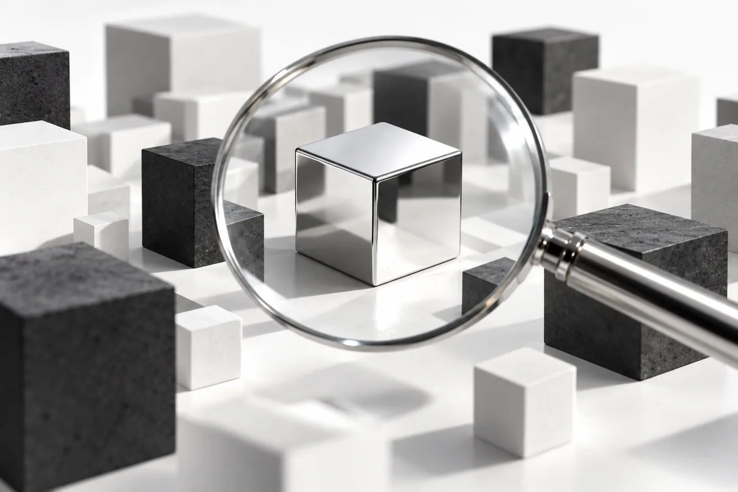 Magnifying glass focusing on a chrome cube among architectural blocks