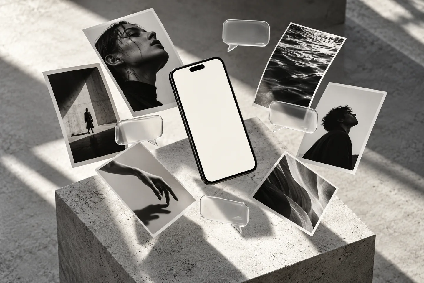 Phone, editorial photo cards and glass speech bubbles representing social media