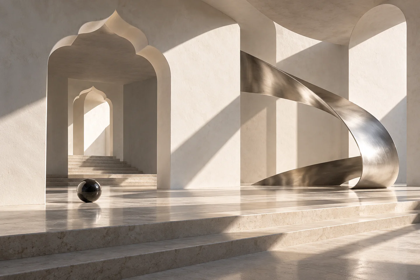 Jaipur-inspired arches, stone steps and a chrome sculpture in a conceptual gallery